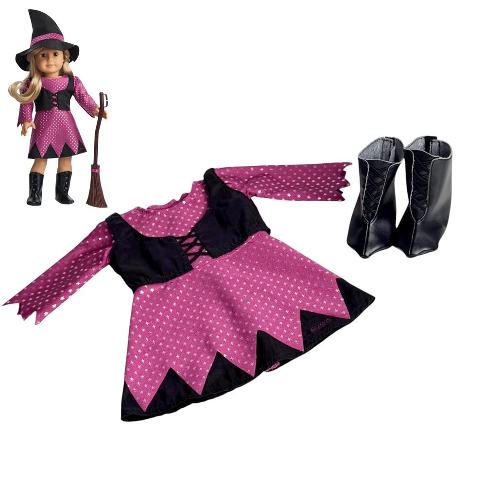 American Girl Halloween Witch Costume Purple Silver Star Doll Dress Black Boots